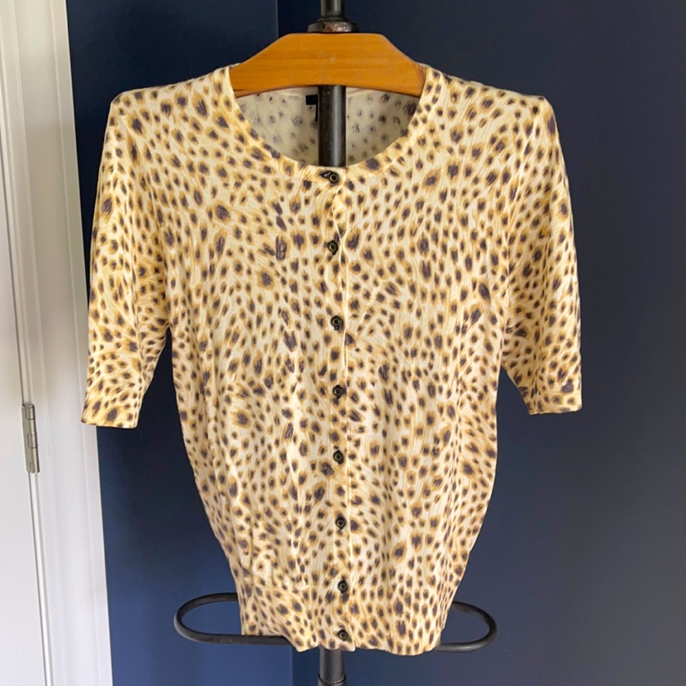 Ann Taylor button front, short sleeve, leopard cardigan.